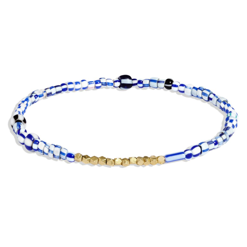 Men's Blue Mix Beaded Bracelet with Yellow Gold