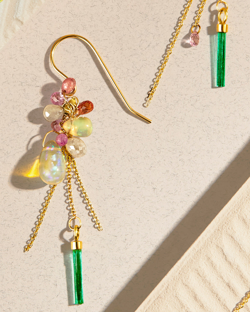 Diamond, Emerald, Sapphire and Opal Cluster Earrings in 18k Gold