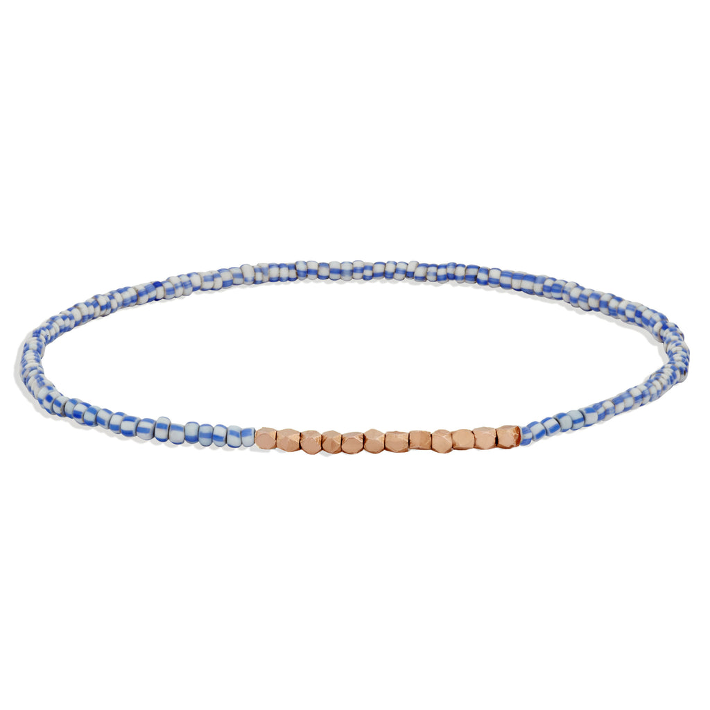 Women's Blue and White Beaded Bracelet with Rose Gold