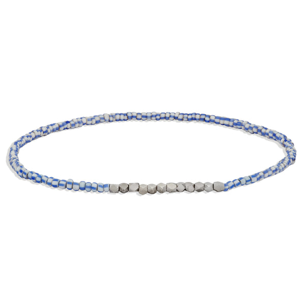 Women's Tiny Blue and White Beaded Bracelet with White Gold