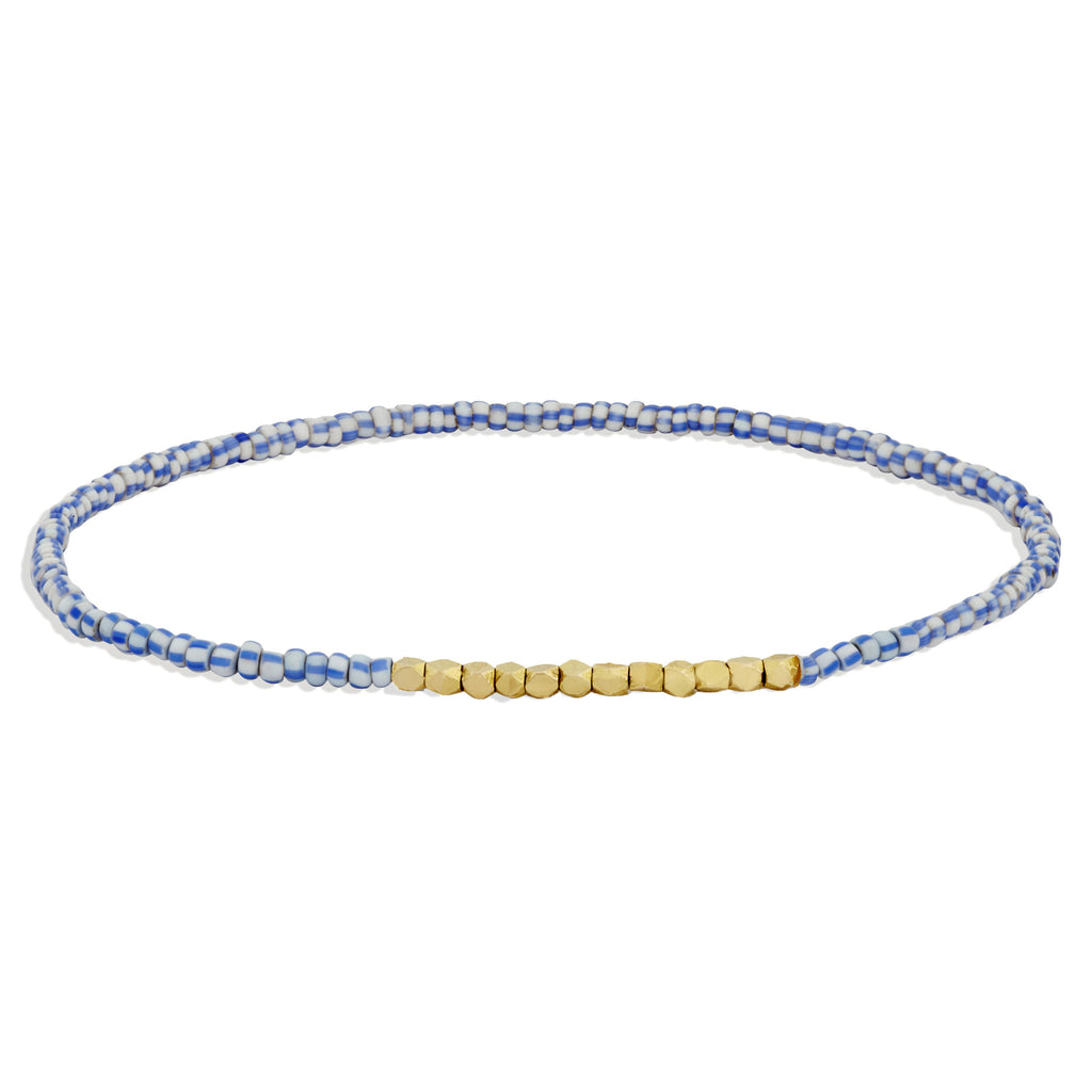 Women's Blue and White Beaded Bracelet with Yellow Gold