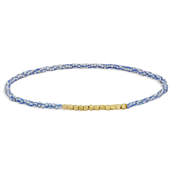Men's Blue and White Beaded Bracelet with Yellow Gold