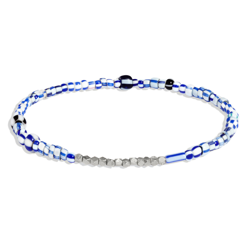 Men's Blue Mix Beaded Bracelet with White Gold