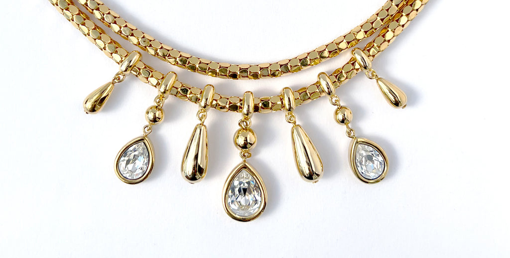 Vintage Givenchy Double Snake Chain Necklace with Crystal Drops, 1990s