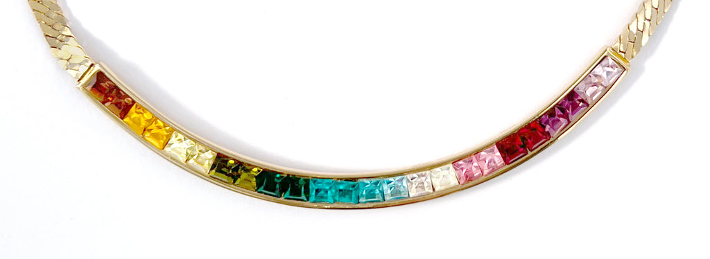 Vintage Givenchy Rainbow Ombre Crystal Herringbone Chain Necklace, 1990s