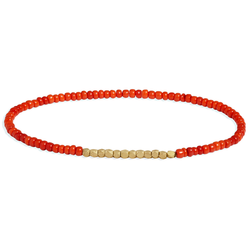 Men's Dark Orange Beaded Bracelet with Yellow Gold
