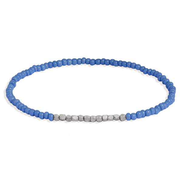 Men's Cornflower Blue Beaded Bracelet with White Gold